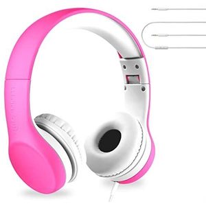 LilGadgets Connect+ Premium hoofdtelefoon met beperkt volume, met gemeenschappelijke aansluiting en inline microfoon (kinderen, peuters), roze, leeftijd 3-7