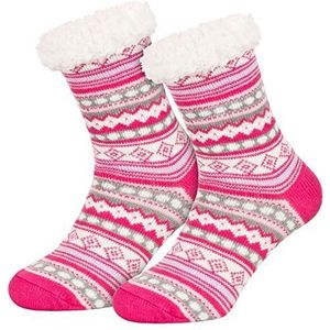 Piarini 1 paar knuffelsokken met ABS-zool, warme damessokken, huissokken, wintersokken met anti-slip noppen, Ethno-roze, 35-42