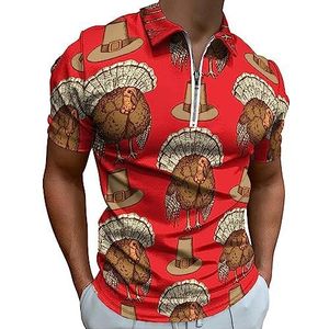 Thanksgiving Hoed En Turkije Polo Shirt voor Mannen Casual Rits Kraag T-shirts Golf Tops Slim Fit