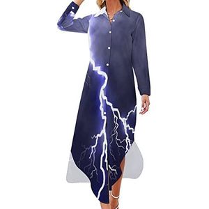 Lightning in The Dark Blue Sky Maxi-jurk voor dames, lange mouwen, overhemd met knopen, casual feestjurk, lange jurk, L