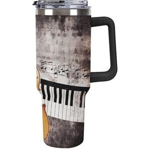 FHESDCW Piano Viool Muzieknoten Grote Capaciteit Auto Cup 40 oz RVS Tumbler met Handvat Geïsoleerde Waterfles met rietje en Deksel Gedrukt Mokken Past in Auto Bekerhouder