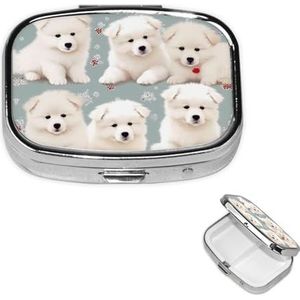 Little White Dogs Patroon Pillendoos 2 Compartimenten, Kleine Pillendoos voor Portemonnee & Zak, Metalen Pillenetui met Spiegel, Reizen Dagelijkse Pillenorganizer, Draagbare Medicijnen Vitamine Houder