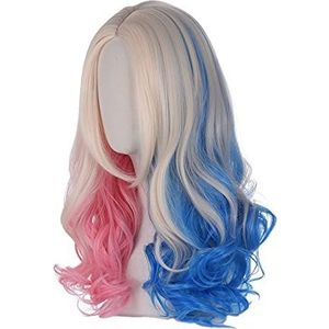 FVCENT 26 Inches Lange Losse Krullende Gemengde Kleur Vrouwen Cosplay Carnaval Pruik, Harley Quinn cos (Gemengde zijde)