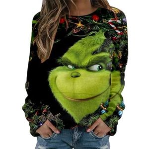 LSEEKA Grinch kersttrui voor dames, sweatshirt, licht, katoen, tops, shirt met lange mouwen, met print, moderne vrouwen, zonder capuchon, Kerstmis, bovenstuk, Z05 Zwart, S