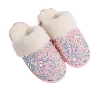 ZHOUXYFDC Fuzzy pantoffels van traagschuim voor dames, glanzende pailletten, huisslippers voor dames, winter, warm, pluche, platte katoenen schoenen, vrouw, binnen, slaapkamer, zachte zool, pluizige