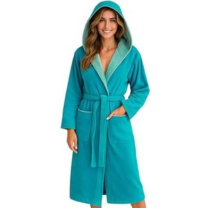 Morgenstern dames luxe kamerjas met capuchon velour van puur katoen turkoois S