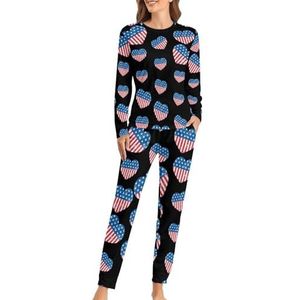 USA Amerika Retro Hart Vlag Zachte Dames Pyjama Lange Mouw Warm Fit Pyjama Loungewear Sets met Zakken 3XL