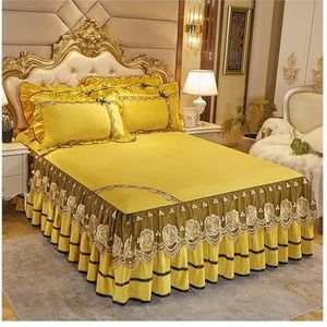 DUNSBY Bedrok luxe sprei op het bed bruiloft laken kant bed cover deken stof koning queen size bed rok met kussenslopen volant laken (kleur: goud, maat: 3 stuks 120 x 200 cm)