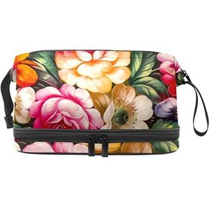 Grote capaciteit reizen cosmetische tas,Olieverf Rode roos bloem,Make-up tas,Waterdichte make-up tas organisator, Meerkleurig, 27x15x14 cm/10.6x5.9x5.5 in