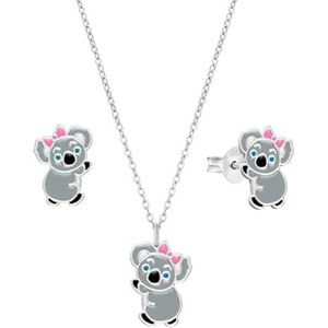 Set van zilveren oorstekers en ketting, koala beertje met roze strikje