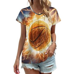 Basketbal en Thunderbolt Dames V-hals T-shirts Leuke Grafische Korte Mouw Casual Tee Tops 2XL