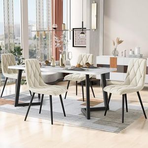 DUlVBPE Eetgroep, set, 117 x 68 cm eettafel met 4 stoelen, rechthoekige eettafel, moderne keukentafelset, eetkamerstoel, beige twill fluweel, zwarte tafelpoten
