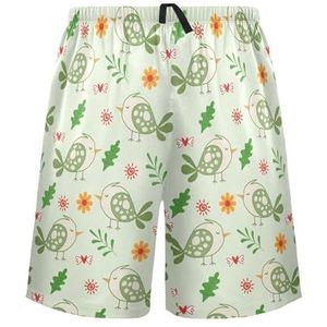LI ZHI XIN Herenpyjamabroek, korte pyjamabroek, zomer casual short, elastische tailleband met trekkoord, rechte losse pasvorm met 2 zakken, S-XXL schattig vogelpatroon groen, Meerkleurig, S