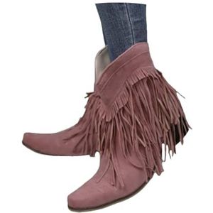 Korte Dameslaarzen Met Hak Retro Western Cowboy-enkellaarzen Met Franjes Vierkante Neus Suède Enkellaarzen Instappers Dames Vrije Tijd Enkelschoenen for Concerten(Pink,39 EU)