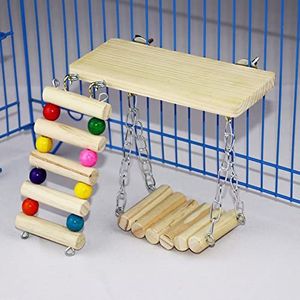 LIZHOUMIL 3 stuks papegaai houten klimladder schommel baars standaard set vogelkooi accessoires voor chinchilla eekhoorns cavia's driedelig pak