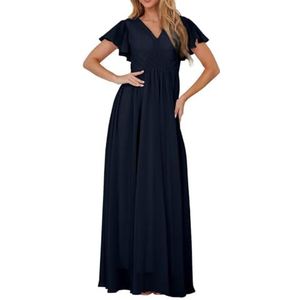 Bruidsmeisjesjurken met korte mouwen voor bruiloft, geplooide chiffon, formele avondfeest, maxi-jurk, V-hals, AH153, Donkerblauw, 32