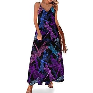 Kleurrijke gestileerde libellen vrouwen zomer maxi-jurk V-hals mouwloze spaghettiband lange jurk