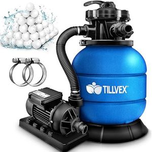 tillvex Zandfiltersysteem 7.900L/h + 400g Filterkogels | Zandfilterinstallatie filterinstallatie 7-weg ventiel & Adapter Ø32-38mm | Zwembadfilter met drukweergave | Zandfilter zwembad (Blauw)