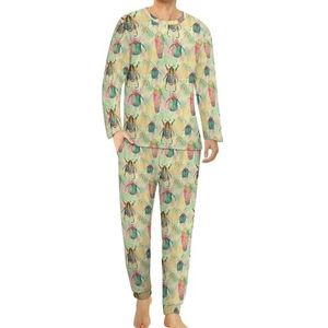 Kevers gele comfortabele herenpyjama-set met ronde hals en lange mouwen, loungewear met zakken, XL