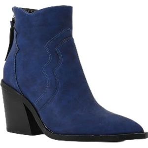 WDUDSUDUW Leren dameslaarzen met puntige neus, enkellaarzen met rits aan de achterkant, met blokhak, antislip, Chelsea boots, Blauw, 41.5 EU
