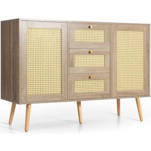 WEALTHOUSE Commode, dressoir, dressoir met 2 deuren, 3 laden, retro rotan fronten, verstelbare planken, massief houten poten, push-to-open-systeem voor woonkamer, slaapkamer, hal (eiken)