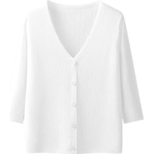 kumosaga Dames Ice Silk Cooling Knit vest, 3/4 mouwen V-hals Sun Knit Cardigan, lichtgewicht dun airconditioning shirt for dames (Color : White, Size : F(37-60kg))