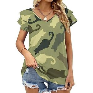 Camouflage katten dames casual tuniek tops ruches korte mouwen T-shirts V-hals blouse T-shirt