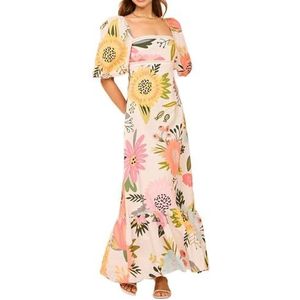 Damesjurk met verpletterde bloemen, Boheemse bedrukte jurk met vierkante hals, slanke lange jurken met lantaarnmouwen(Color:Orange,Size:L)