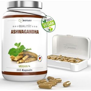 Ashwagandha 365 capsules, 3000 mg dagelijkse portie, inclusief pillendoos, Indiase slaapbes, hoge dosis, veganistisch, puur plantaardig, zonder toevoegingen