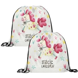 VAPOKF 2 STKS Trekkoord Tassen, PE Gym Bag, Gepersonaliseerde String Zwemmen Trainer Tas voor School Gym Sport Reizen, Aquarel Schilderij Magic Unicorn, Meerkleurig, 13.4x13.0in/34x33cm