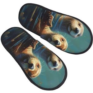 DJUETRUI Harige pantoffels voor heren en dames, antislip slippers, traagschuim pantoffels, zeeotters schilderen, warme comfortabele pluche schoenen, winterhuisschoenen voor binnen en buiten, Zwart