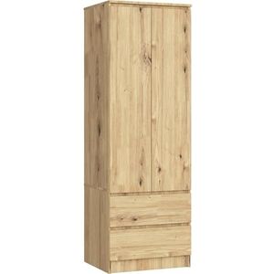 AKORD Kast met 2 deuren | Kast voor Slaapkamer 2 Laden 2 Planken en Een Gordijnroede | L60 x H180 x D51 cm | Laminaat Paneel 16mm | Kast zonder kledingkast Slaapkamer | Kleedkamer Opslag Kast Eiken