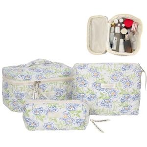 OSMARI 3 stuks verbeterde corduroy coquette make-up tas set, gewatteerde make-up tas, reizen toilettassen, vrouwen grote capaciteit schattige bloemen cosmetische tas, Groene Blad Blauwe Bloem,