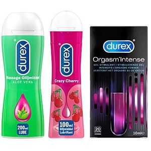 Durex Valentijn Cadeautje voor hem en haar - 3 Glijmiddelen - Crazy Cherry Glijmiddel 100ml - Massage Aloe Vera 2/1 200ml - Orgasm Intense Stimulerende Gel 10ml