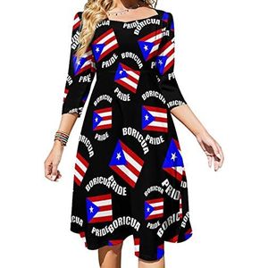 Vintage Boricua Pride Puerto Ricaanse PR vlag vrouwen lange mouw swing jurk schattige stropdas terug A-lijn mini zonnejurk