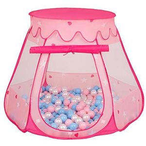 SELONIS Baby speeltent met plastic ballen, tent 105 x 90 cm / 100 ballen, plastic ballen voor kinderen, roze: babyblauw, poederroze, parelmoer