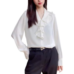 HGKPFGTG Dames Zakelijke Chiffon Shirts Trendy Ruches V-Hals Lichtgewicht Lange Mouwen Elegant Vloeiende Kantoor Werk Tops,Wit,L