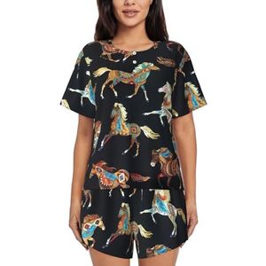 Bruine paardenprint dames zomer zachte tweedelige bijpassende outfits korte mouw pyjama lounge pyjama sets, Zwart, XXL