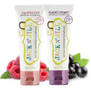 Jack N' Jill Natuurlijke tandpasta voor kinderen, gemaakt met natuurlijke ingrediënten, ondersteunt tandvlees en strijd, vanaf 6 maanden, geschikt voor Blackcurrant & Frambozensmaak, 2 x 50 g