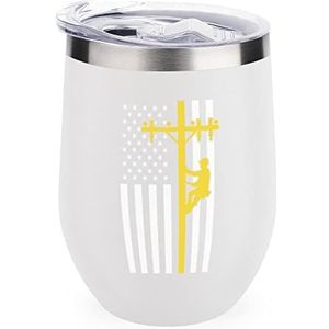 Lineman Amerikaanse vlag herbruikbare koffiebekers roestvrij staal geïsoleerde reismok dubbelwandige wijnbeker witte stijl