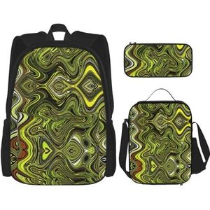 SUHNGE Amerikaanse Bulldog Hoofd Print School Rugzak 3 in 1 Boekentas Set met Lunch Box Potlood Case Reizen Laptop Dagrugzakken, Abstracte Groene Slang, Eén maat