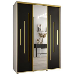 MEBLE KRYSPOL Davos 13 170 Kledingkast met drie schuifdeuren voor slaapkamer - Moderne Kledingkast met spiegel, kledingroede en planken - 235,2x170x60 cm - Wit Zwart Goud