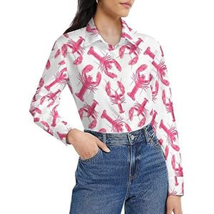 Roze kreeft damesshirt met lange mouwen button down blouse casual werk shirts tops 2XL