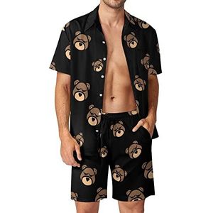 Bear Head Hawaiiaanse bijpassende set voor heren, 2-delige outfits, button-down shirts en shorts voor strandvakantie