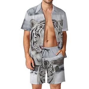 Witte tijger in de sneeuw Hawaiiaanse bijpassende set voor heren, 2-delige outfits, button-down shirts en shorts voor strandvakantie