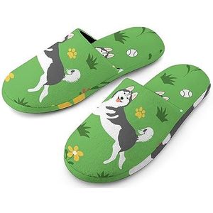 Siberische Husky On The Grass katoenen pantoffels voor dames, huisslippers, wasbare pantoffels voor dames