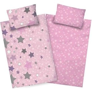 Aminata kids Biber Kinderbeddengoed, 100 x 135 cm, sterren, meisjes, roze, katoen, met YKK-ritssluiting, omkeerbare beddengoedset, stermotief