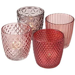 Boltze Marilu 17892 Windlichtset, 4-delig, lila/roze, decoratieve glazen voor kaarsen, theelichtjes, kandelaar, diameter 8 cm, verschillende patronen, vorm rond, theelichthouder)