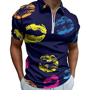 Neon Lippen Kisses Half Zip-up Polo Shirts Voor Mannen Slim Fit Korte Mouw T-shirt Sneldrogende Golf Tops Tees 2XL
