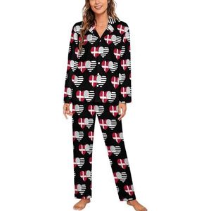 Denemarken Vlag En Zwart Amerika Vlag Vrouwen Lange Mouw Button Down Nachtkleding Zachte Nachtkleding Lounge Pyjama Set 2XL